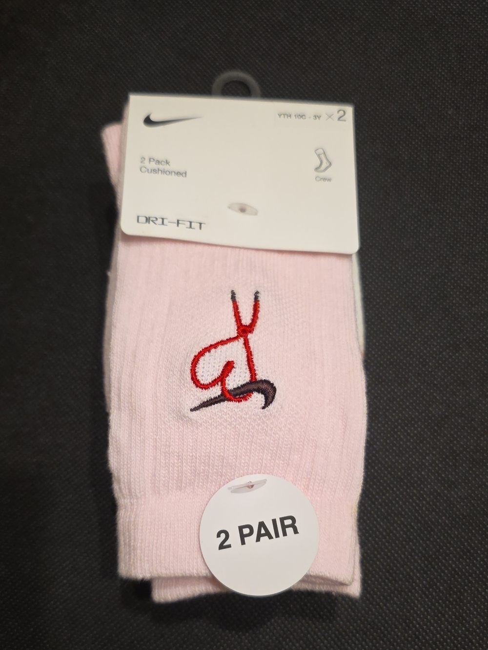 Nike Pink Cushioned Crew Socks with Red & Black Embroidery - 2 Pack
